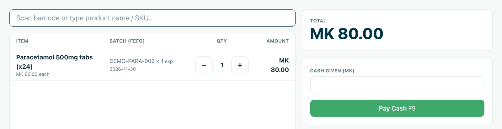 Thanzi till — barcode search, FEFO batch line and cash payment